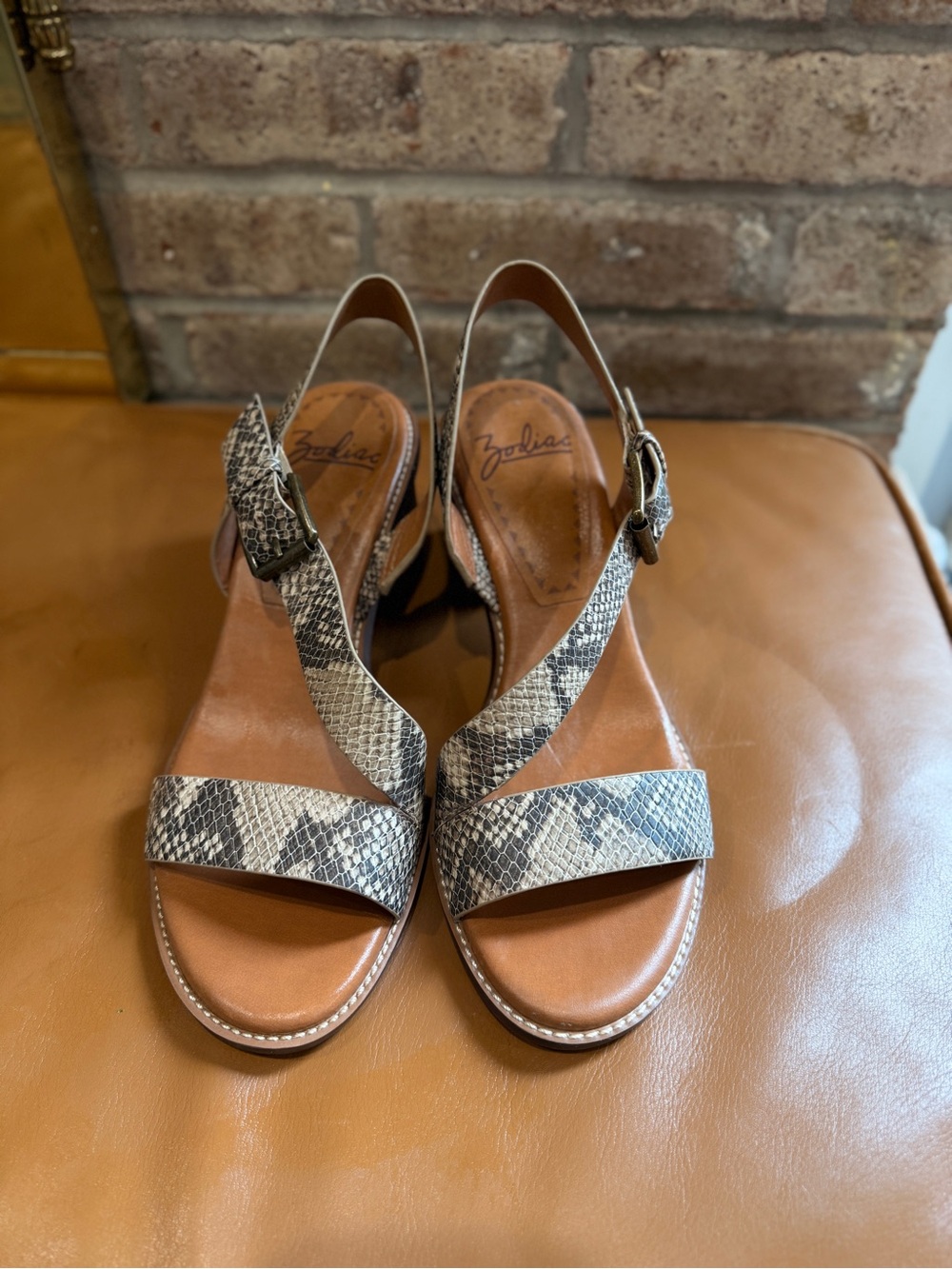 Zodiac Snake-Print Slingback Sandals in Tan and Black